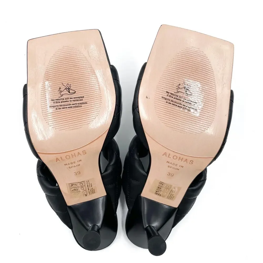 Alohas Conner Sandals Black Leather Quilted Heels‎ Square Toe Sz 8.5